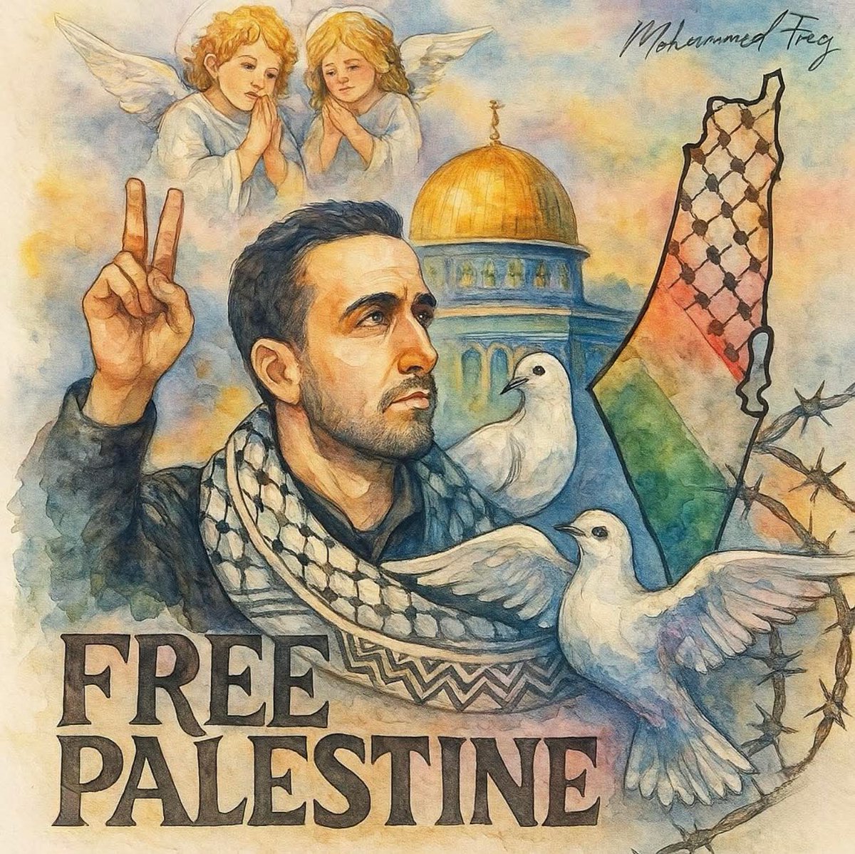 Palestinian artist:  Mohammed Freij.  Support Palestinian Art and Culture.  Also support <a href="/RadioWatermelon/">Radio Watermelon</a> who verifies support campaigns for families in Gaza where Israel is still bombing and shooting civilians trying to get food. Always remember Palestinians are Semitic.