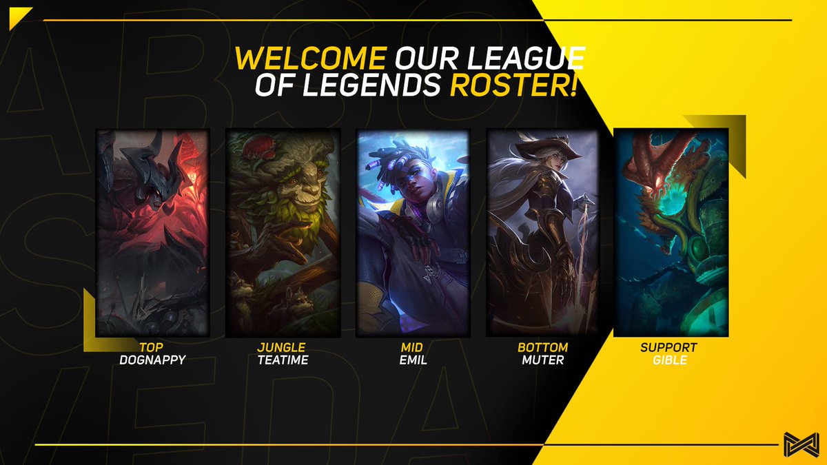 ABSOLVED (@absolvedgg) on Twitter photo ⚫️🟡ANNOUNCEMENT🟡⚫️
We are pleased to announce our League of Legends team! We will be playing in <a href="/TheUKEL/">4 Nations | The UK & Ireland's National League</a> division 1 promotion tournament this evening!
Top - <a href="/dognappy990/">dognappy990</a>
Jungle - <a href="/CoachTeatime/">Teatime</a>
Mid - <a href="/Emil1v9/">Emil</a>
ADC - <a href="/MuterLoL/">Muter</a>
Support - Gible
#GetAbsolved ⚫️🟡ANNOUNCEMENT🟡⚫️
We are pleased to announce our League of Legends team! We will be playing in <a href="/TheUKEL/">4 Nations | The UK & Ireland's National League</a> division 1 promotion tournament this evening!
Top - <a href="/dognappy990/">dognappy990</a>
Jungle - <a href="/CoachTeatime/">Teatime</a>
Mid - <a href="/Emil1v9/">Emil</a>
ADC - <a href="/MuterLoL/">Muter</a>
Support - Gible
#GetAbsolved