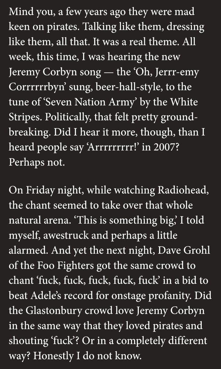hugorifkind's tweet image. I wrote this in 2017 about the difficulty in drawing political conclusions from the behaviour of crowds at Glastonbury.