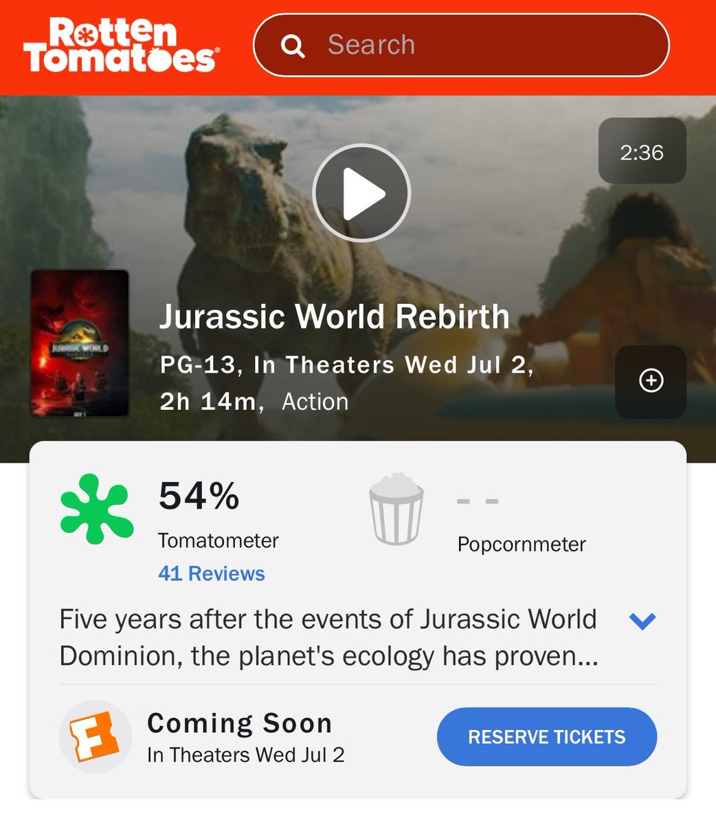 Boxreport's tweet photo. Flopou?

"JURASSIC WORLD: RECOMEÇO" debuta com ☘️ 54% de aprovação dos críticos no Rotten Tomatoes. https://t.co/DpGXULYAqk