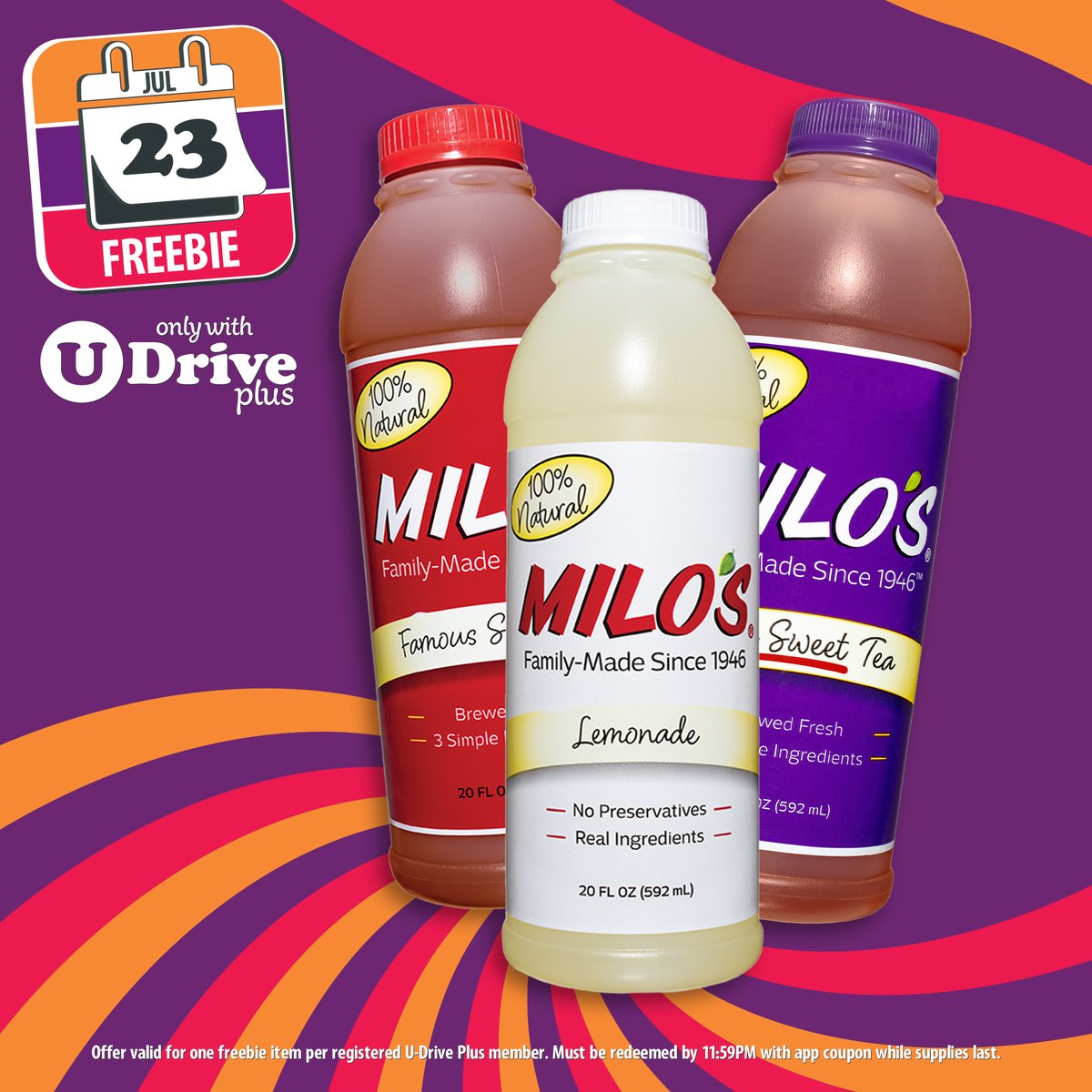 Refresh with a FREE 20oz Milo's Tea/Lemonade - Only on 7/23/25 with app coupon! #WednesdayFreebie 📲 Download, register &amp; save! udfinc.com/u-drive/