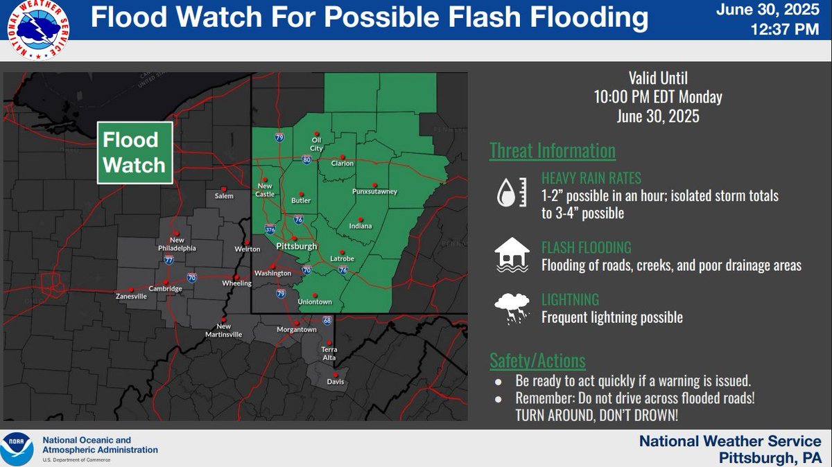 The City of Pittsburgh will be under a flood watch until 10pm this evening (6/30). Be vigilant for potential flash flooding and never drive across flooded roads.
