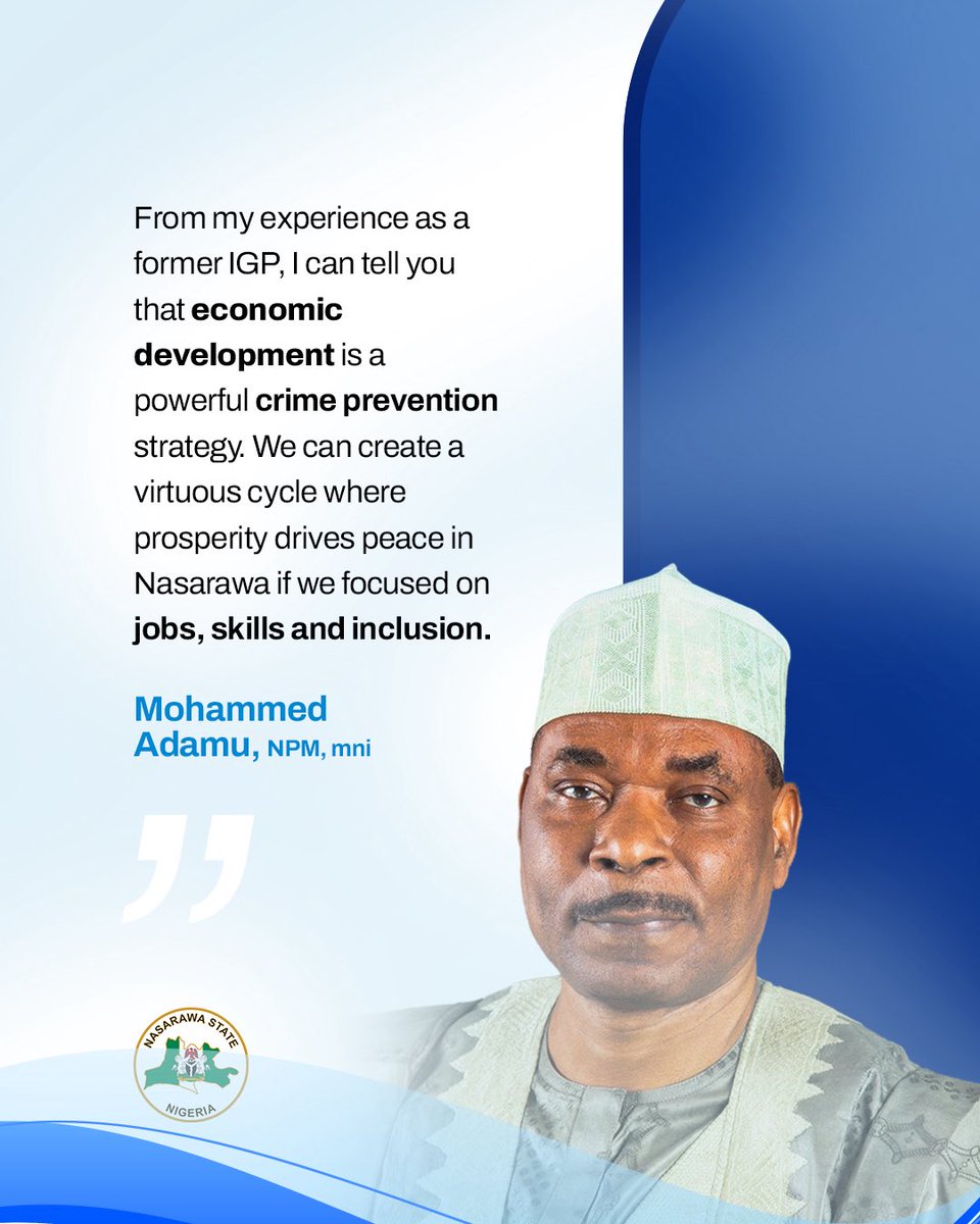 woye1's tweet photo. Powerful statement from @officialmadamu my dear friends. Let me share it with you. 

2: He said “ Economic development isn’t just about growth it’s a powerful crime-fighting tool. In Nasarawa, targeted efforts in job creation and inclusion can promote peace and rebuild trust in our communities” 

3: I agree with him completely. @Aliyukean @SAsekome @akinwale_cfi @akindudu007 @Better_Kaduna @bettorsbest @Jagaban4victory @Justineapir