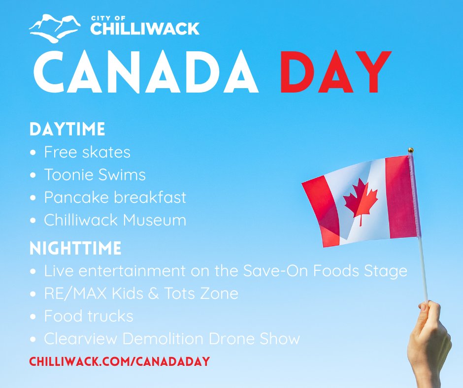 Tomorrow is the big day! Join us for a full day of Canada Day events, from free skates to Toonie swims. Find more information at chilliwack.com/CanadaDay! 

Please note that City Hall, Bailey Landfill, and Parr Road Green Depot are closed tomorrow, July 1, and will re-open July 2.