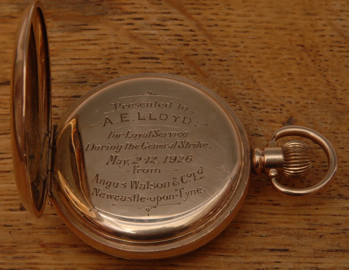 robertneuk's tweet image. In amongst a lot of ephemera dealing with the 1926 General Strike is this gold plated pocket watch engraved "Presented to A.E. Lloyd for loyal service during the General Strike May 2-12 1926 From Angus Watson & Co. LD. Newcastle upon Tyne".
Images: Bamfords Auctioneers & Valuers
