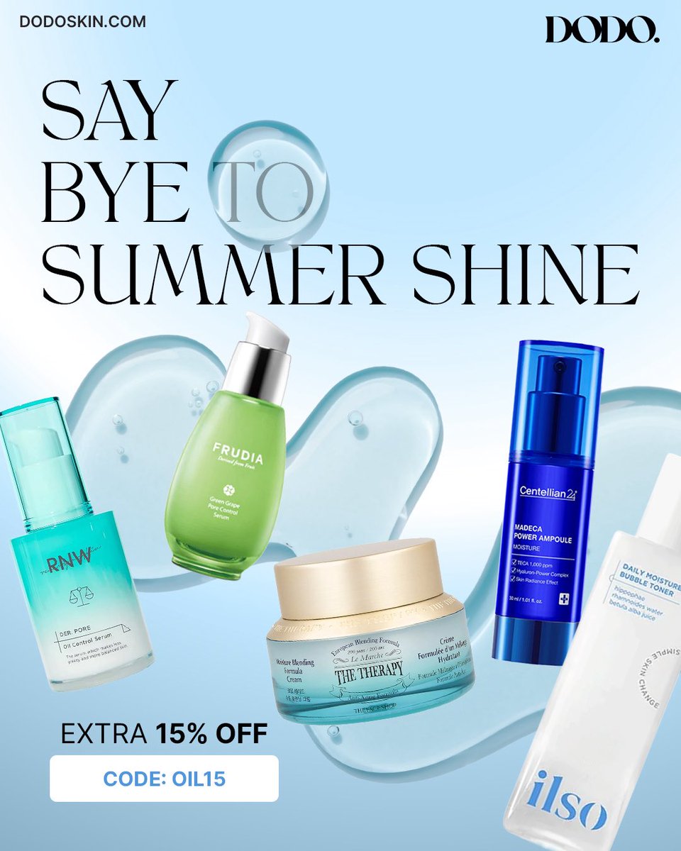 DODOSKIN1's tweet photo. 💸 Extra 15% OFF on already discounted prices | Code: OIL15

🗓 June 30 – July 6 only!

Say goodbye to excess oil and shine this summer.

Low-irritant toners, sebum control serums, oil-free creams, and light sunscreens —
everything your oily or combination skin needs ✨ https://t.co/miwvQOlZY8