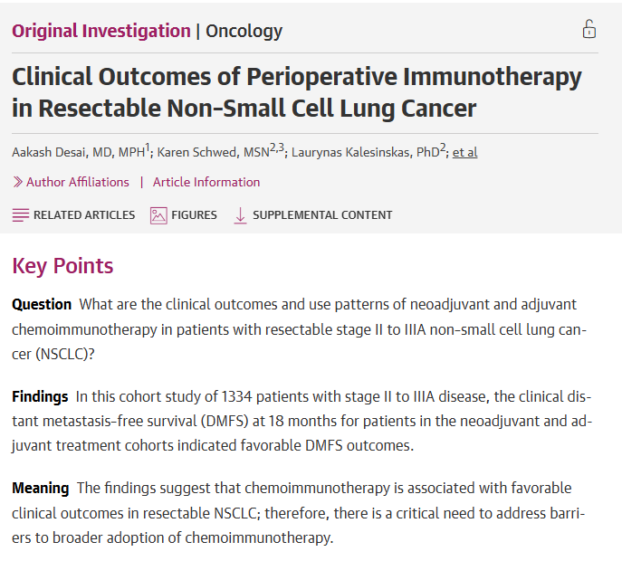 🚨Our RWE #perioperative #NSCLC study now in <a href="/JAMANetworkOpen/">JAMA Network Open</a> study of 1334 pts with stage II–IIIA resectable NSCLC:
◼️Neoadj DMFS @ 18 mo: 80%
◼️Adj DMFS @ 18 mo: 83 %
◼️Uptake was low: &lt;30% 
◼️Favorable outcomes, but time to expand access <a href="/OncoAlert/">OncoAlert</a> bit.ly/3I5Aeck