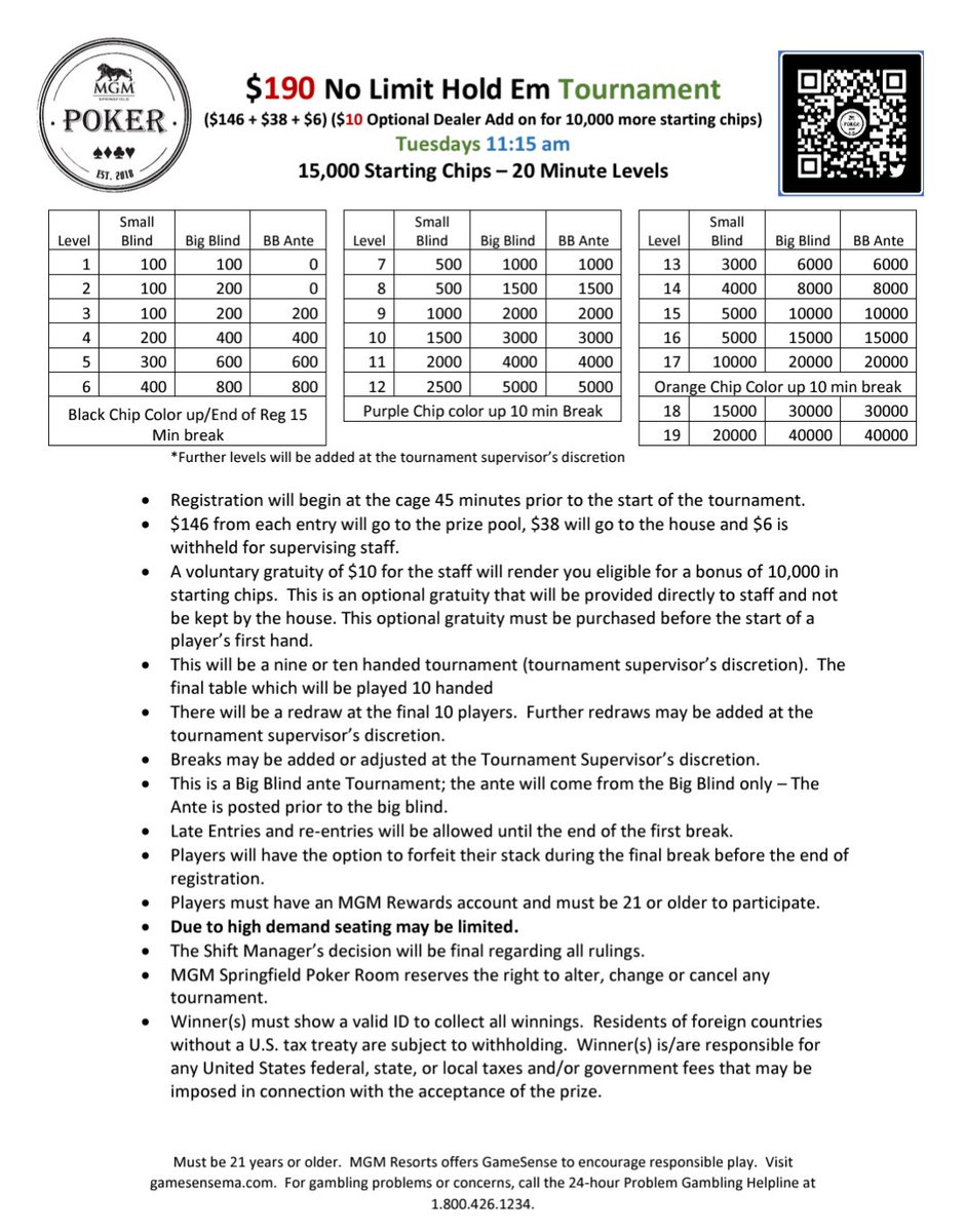 Starting tomorrow our Tuesday NLH Tournament will be $190 buy-in plus an optional $10 dealer addon for 10K more in chips.