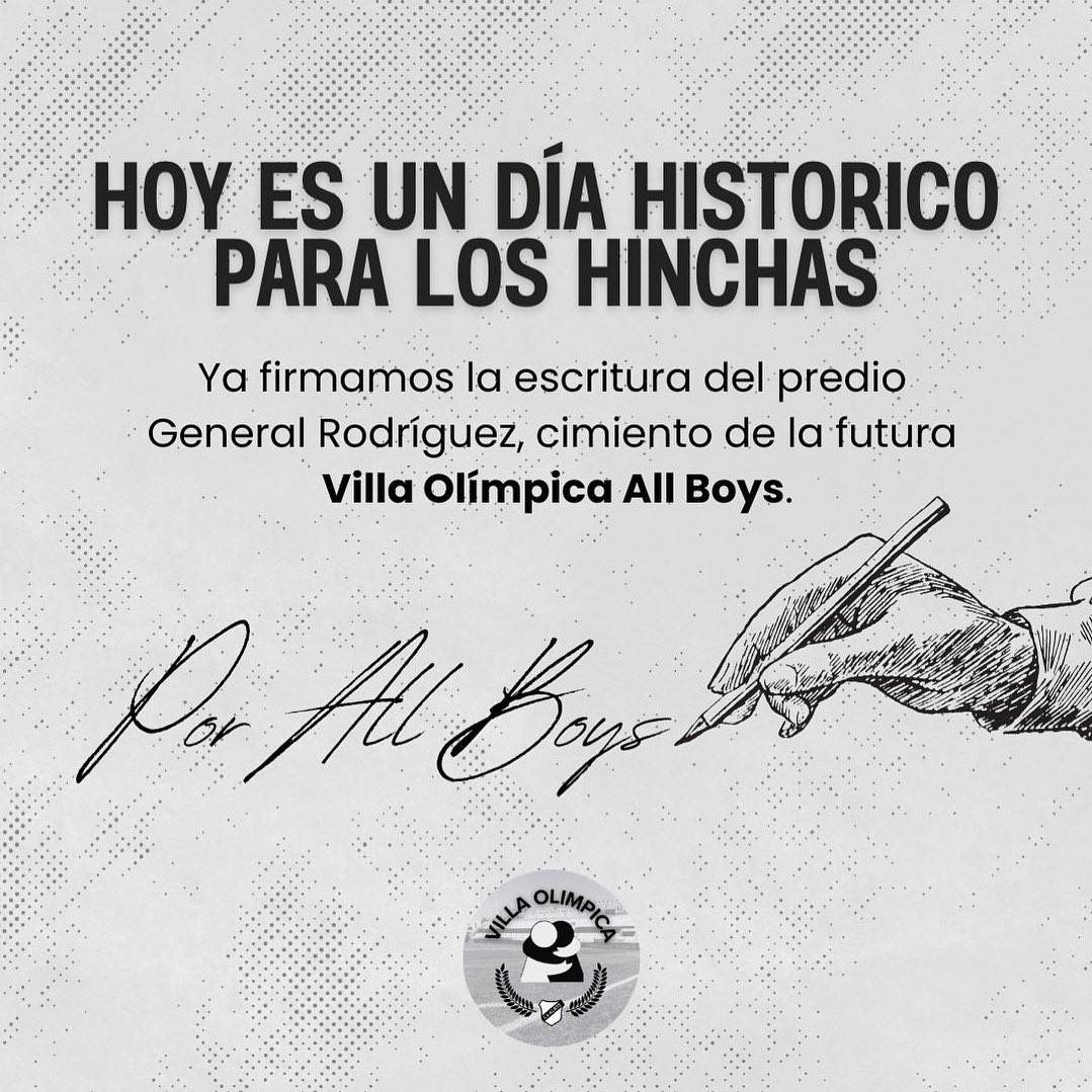 VillaOlimpicaAB's tweet photo. 🥂 ¡BRINDEMOS!

Hoy es un día histórico para los hinchas. 
Ya firmamos la escritura del predio General Rodríguez, cimiento de la futura Villa Olímpica All Boys.

🤍 Por All Boys, hoy y siempre. https://t.co/w1G8kXmgZG