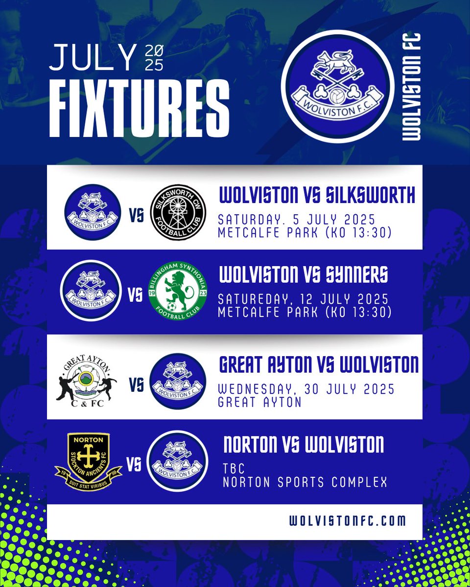 Wolviston FC (@wolvoworld) on Twitter photo 🔵⚪ THE WAIT IS OVER! ⚪🔵
Wolviston FC is BACK! Pre-season friendlies kick off this July 🙌
⚽ SAT 5th July: Wolviston vs <a href="/SilksworthCWFC/">Silksworth CW FC</a>
⚽ SAT 12th July: Wolviston vs <a href="/Synthonia/">Billingham Synthonia FC</a>
Both at Metcalfe Park, KO 1:30pm 🏠
Come support the lads gear up for 2025-26! #UTW 🐺💙 🔵⚪ THE WAIT IS OVER! ⚪🔵
Wolviston FC is BACK! Pre-season friendlies kick off this July 🙌
⚽ SAT 5th July: Wolviston vs <a href="/SilksworthCWFC/">Silksworth CW FC</a>
⚽ SAT 12th July: Wolviston vs <a href="/Synthonia/">Billingham Synthonia FC</a>
Both at Metcalfe Park, KO 1:30pm 🏠
Come support the lads gear up for 2025-26! #UTW 🐺💙