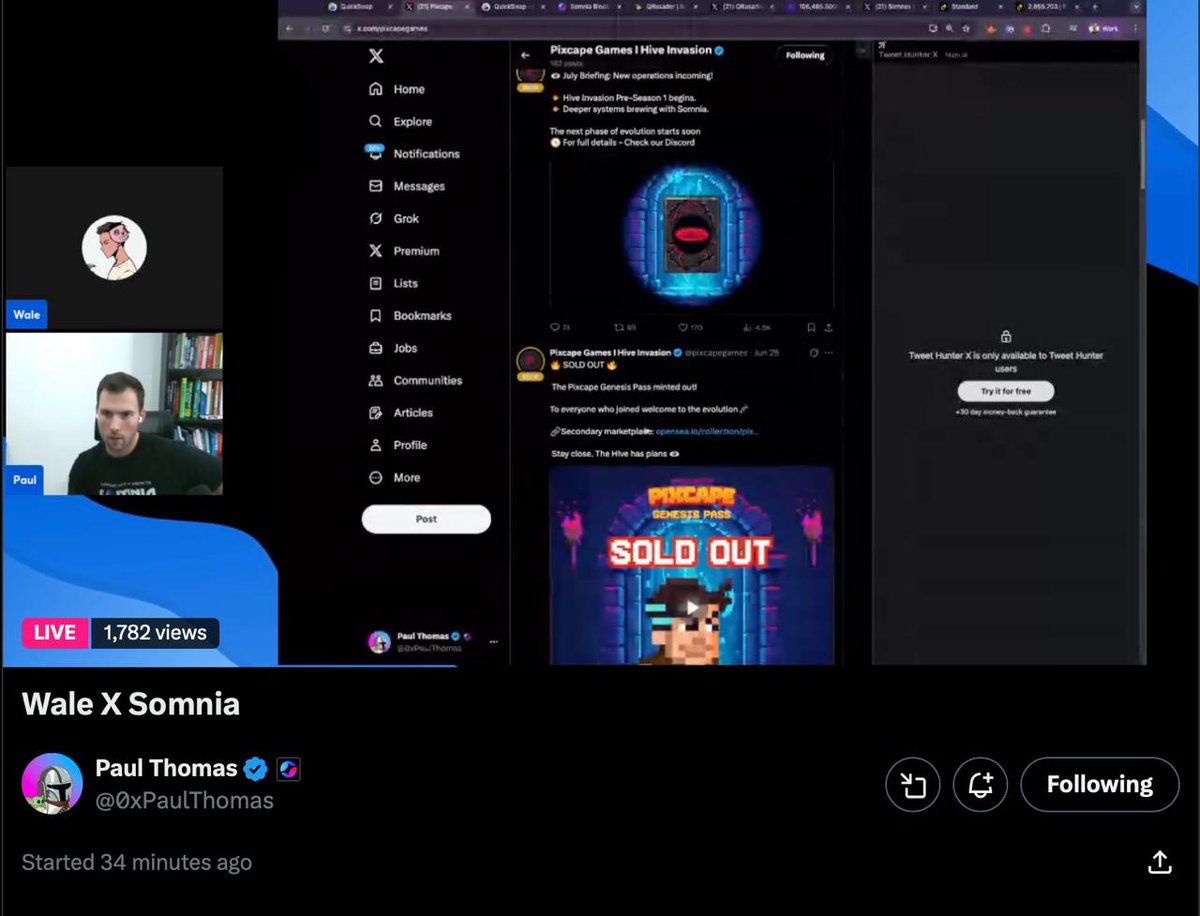 Huge shoutout to Wale &amp; Paul for highlighting Pixcape Games and the Genesis Pass on the Somnia stream! 🙌

We’re expecting you both at our Pre-Playtest in July. Suit up, operatives!

Hive is watching 👁