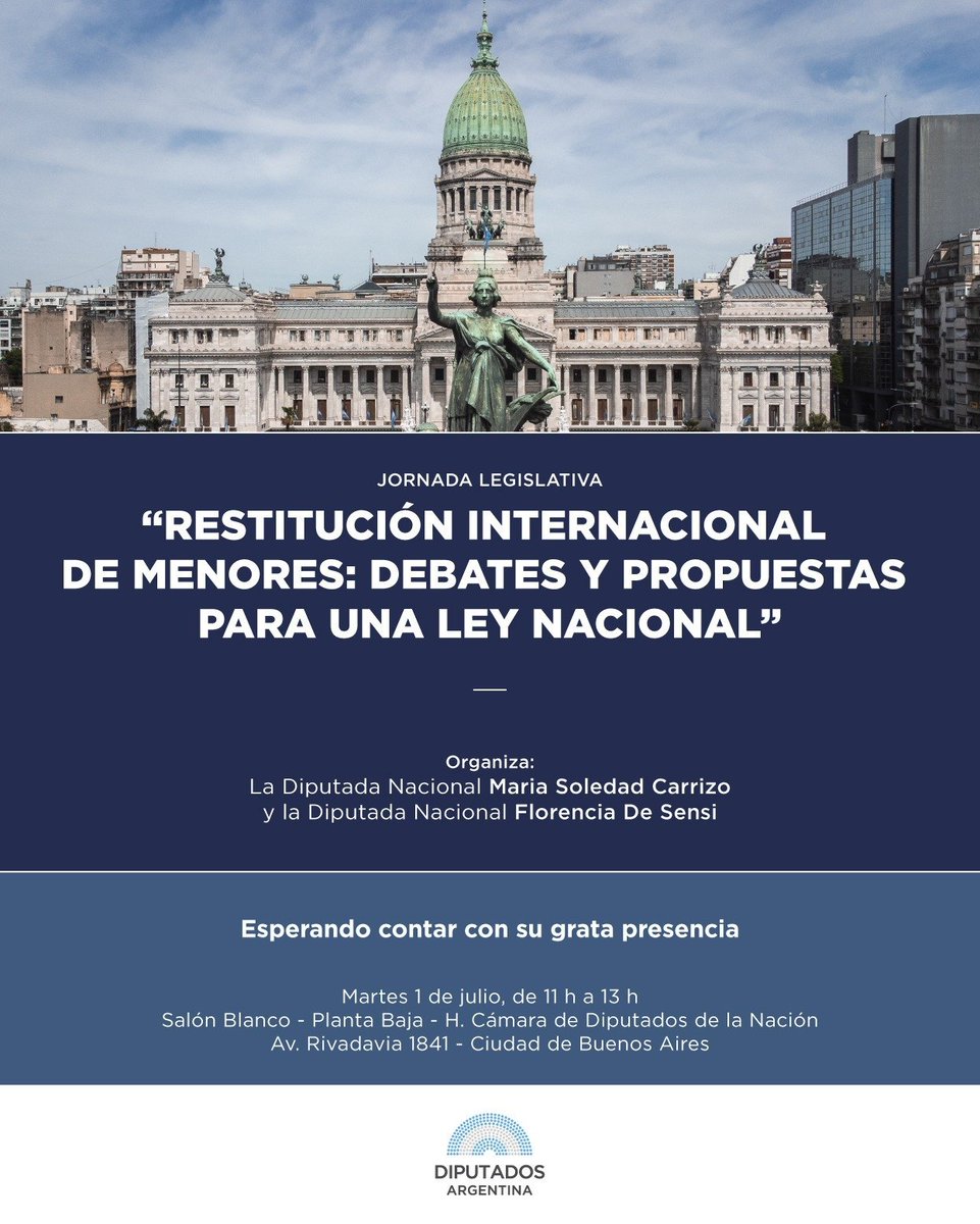 Bloque Diputados UCR (@diputadosucr) on Twitter photo Las diputadas <a href="/MSoleCarrizo/">Soledad Carrizo</a> y <a href="/desensiflor/">Florencia De Sensi</a> organizan una jornada para abordar las problemáticas, desafíos y oportunidades para la sanción de una Ley nacional reglamentaria de los procesos de restitución internacional de menores, régimen de visitas o contacto internacional. Las diputadas <a href="/MSoleCarrizo/">Soledad Carrizo</a> y <a href="/desensiflor/">Florencia De Sensi</a> organizan una jornada para abordar las problemáticas, desafíos y oportunidades para la sanción de una Ley nacional reglamentaria de los procesos de restitución internacional de menores, régimen de visitas o contacto internacional.
