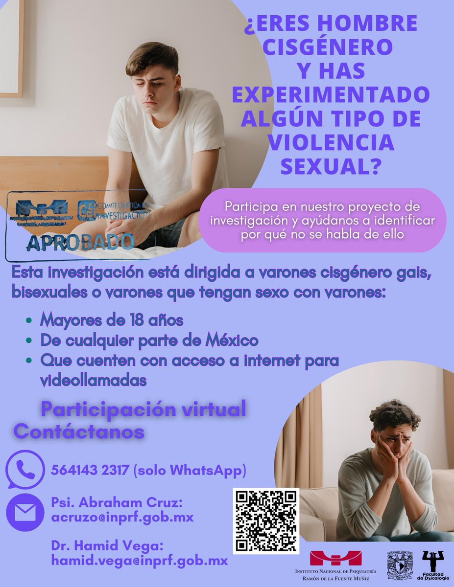 Si eres hombre cisgénero, participa en este proyecto donde se exploran las distintas experiencias de violencia sexual desde un espacio seguro.

📌Ser mayor de 18 años
📌De cualquier parte de México
📌Contar con acceso a internet, para realizar videollamadas

👇🏻👇🏻👇🏻