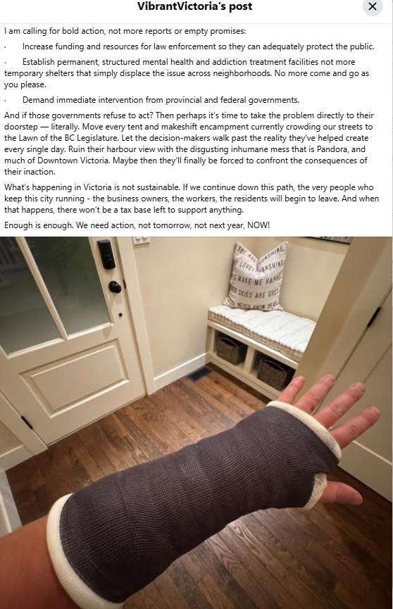 Adam_Stirling's tweet photo. Downtown Business Assault:

There's a post going viral on Vibrant Victoria's Facebook page this morning with more than 1000 interactions and climbing telling the harrowing tale of a man who was assaulted at his downtown business.

"As a young business owner, new father of two, and longtime resident of this city, I am devastated by what Victoria has become. My staff and I no longer feel safe. The growing lawlessness downtown is impossible to ignore and incidents like this are becoming far too common." 

Link to the post and comments: https://t.co/ofYZJxPTHR

#yyj