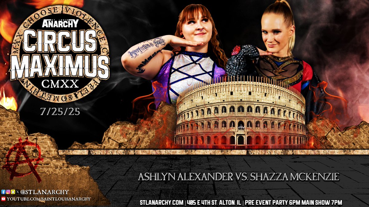 stlanarchy's tweet photo. 🚨 Match Announcement 🚨 

Two combatants who always #DoItForTheBrand will hook it up at Circus Maximus on July 25, as Ashlyn Alexander brings the heavy hands against Ms. HeartBreakCore herself, Shazza McKenzie! 

🎟 available at https://t.co/YvBvVsq43s #FeelSomething #SLACircus https://t.co/P2zW4p1WaU