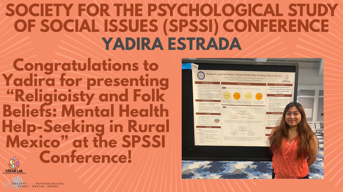 CREAR Lab (@labcrear) on Twitter photo Congrats to <a href="/YadiraEstrada00/">Yadira Estrada</a> for her SPSSI presentation: "Religiosity and Folk Beliefs: Mental Health Help-Seeking in Rural Mexico"!
Findings show that spiritual & folk beliefs shape how rural Mexicans seek help. Amazing work, Yadira!
#HigherEd #Research #Psychology Congrats to <a href="/YadiraEstrada00/">Yadira Estrada</a> for her SPSSI presentation: "Religiosity and Folk Beliefs: Mental Health Help-Seeking in Rural Mexico"!
Findings show that spiritual & folk beliefs shape how rural Mexicans seek help. Amazing work, Yadira!
#HigherEd #Research #Psychology