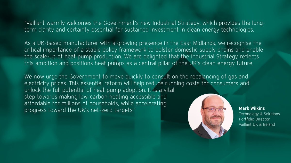 Vaillant’s Mark Wilkins: “We’re delighted the Industrial Strategy positions heat pumps as a central pillar of the UK’s clean energy future.”

We now call for urgent consultation on energy pricing reform.

#VaillantForLife #InstallerSupport #CleanGrowth #NetZero #UKPolicy