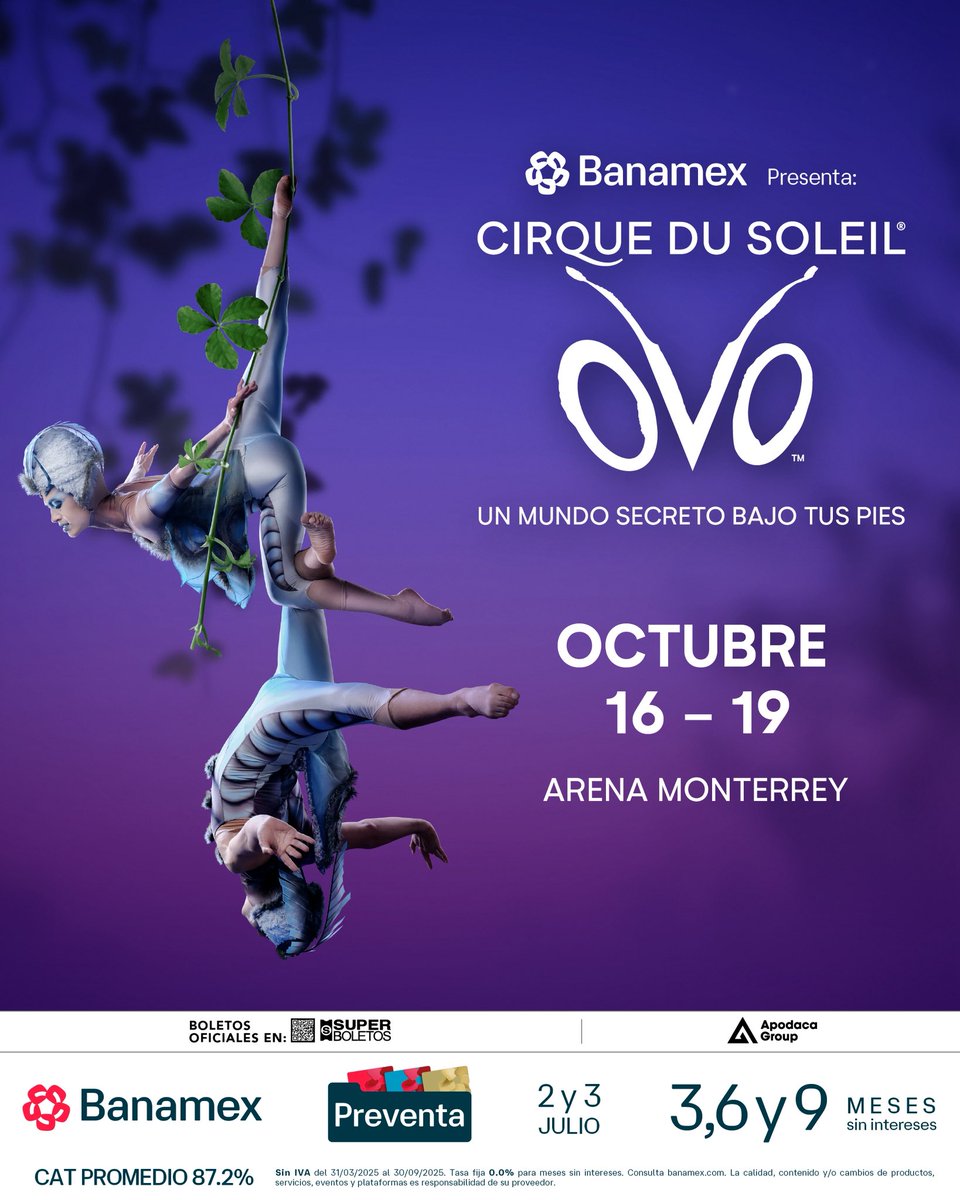 OVO de Cirque du Soleil, llega a la Arena Monterrey con una renovada producción del 16 al 19 de octubre🐞 @cirquedusoleil 

Un mundo secreto bajo tus pies te espera🪲🤸

💳#PreventaBanamex este 2 y 3 de julio
👉🏻 Venta libre a partir del 4 de julio por Superboletos.com