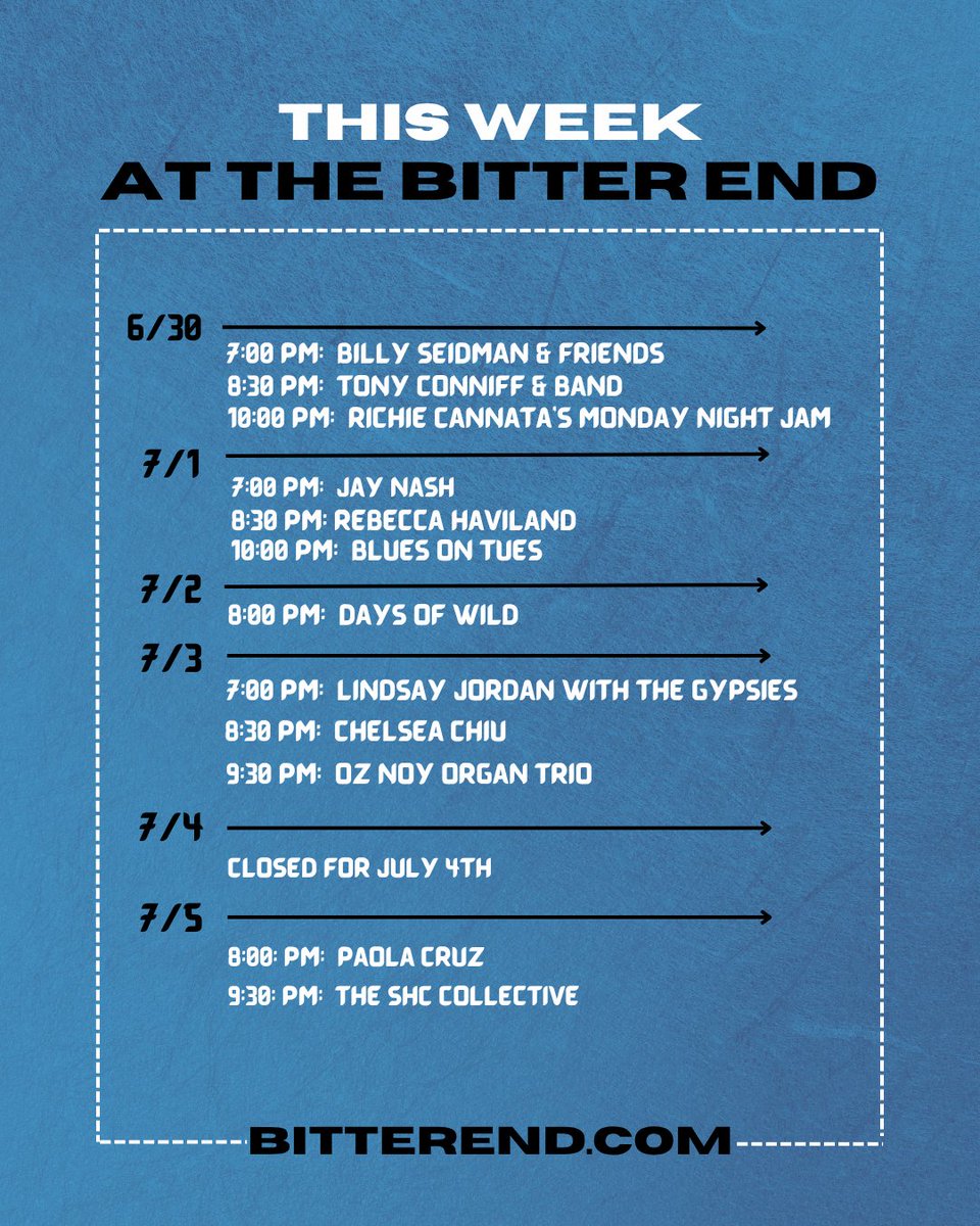 BitterEndNYC's tweet photo. 🎸 The stage is set for another stacked week at The Bitter End! From bluesy grooves to jazz organ trios, the energy’s nonstop.

Don’t miss a night — grab your 🎟 at https://t.co/FrICmJxWyH
#TheBitterEnd #NYCLiveMusic #WeeklyLineup https://t.co/kqaZQKFksi