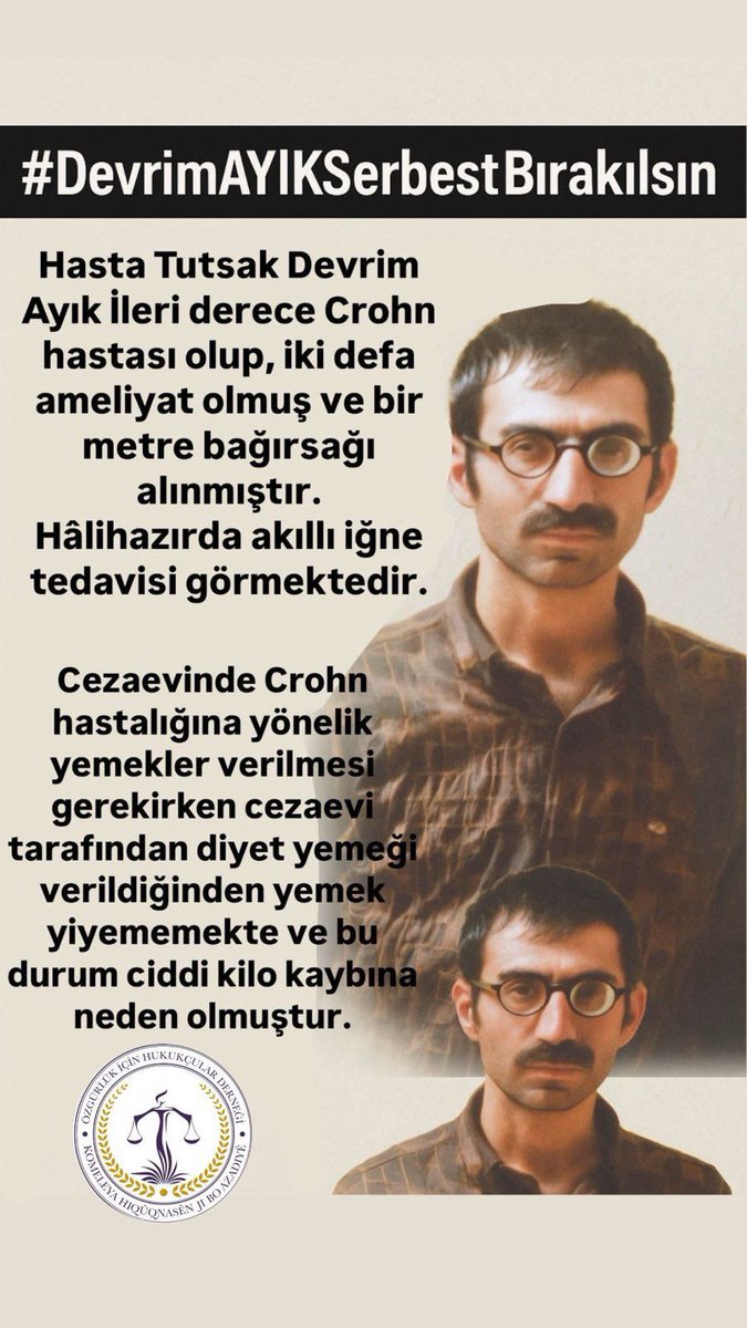 Hasta tutsak Devrim AYIK derhal serbest bırakılmalı ve insani koşullarda tedavi olmalıdır.

#DevrimAYIKSerbestBırakılsın
#HastaMahpusDevrimAYIKaÖzgürlük