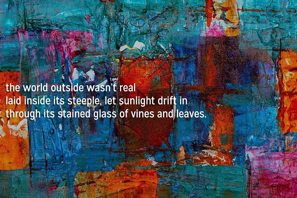 PalettePoetry's tweet image. today's #poem is "visiting my parents after my dad puts up a MAGA sign" by Aether
"the world outside wasn’t real / laid inside its steeple, let sunlight drift in / through its stained glass of vines and leaves."
buff.ly/1AHTXhU