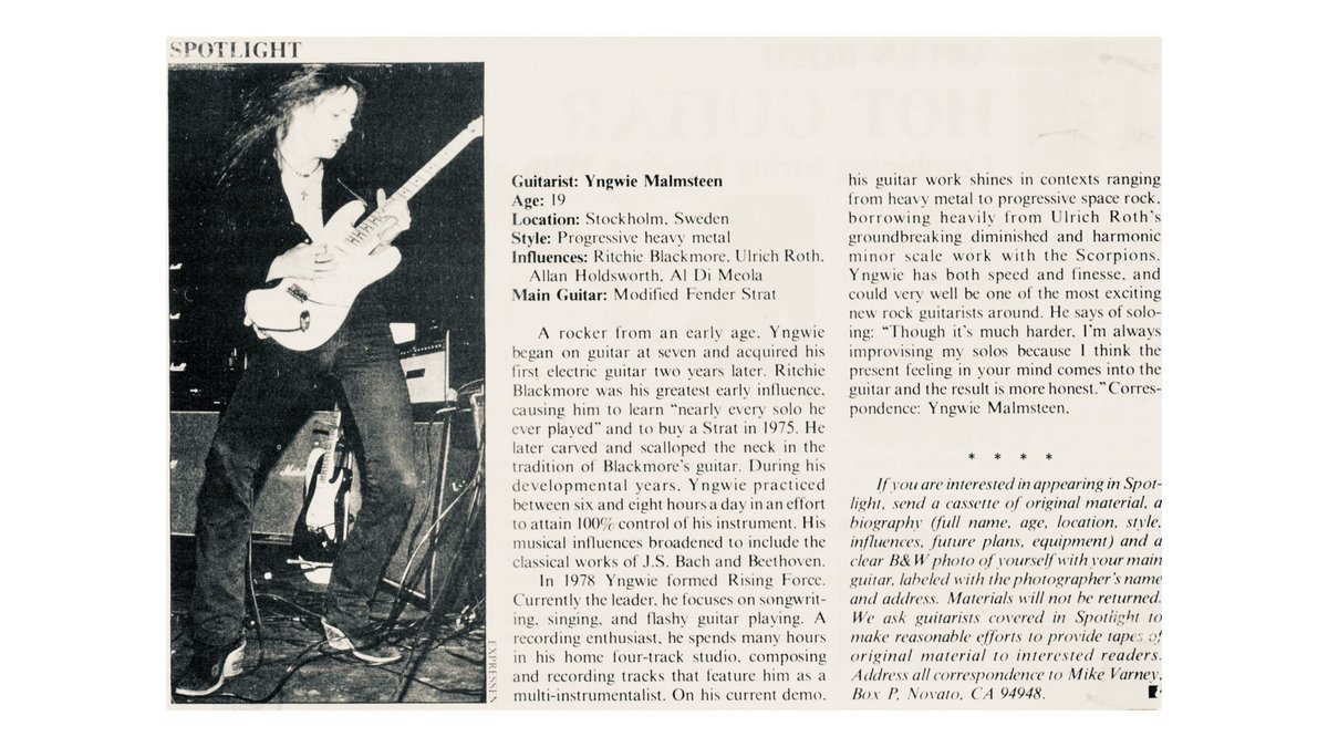 AndyParedesMusi's tweet photo. Happy birthday to @OfficialYJM! #Spotlight in @GuitarPlayerNow from 1983 with a @Fender Strat and @marshallamps. https://t.co/dW4uj4mDmK