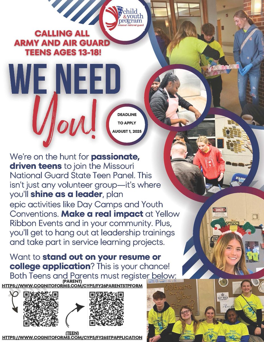 Missouri_NG's tweet image. 📣 Calling all #MoGuard military teens! 📣
Missouri National Guard Child & Youth Program is accepting apps for the 2025 State Teen Panel!
✅ Ages 13–18 (in HS)
✅ DEERS-registered
✅ Build leadership & earn volunteer hours
Apply by Aug. 1 by scanning the QR code in the flyer.