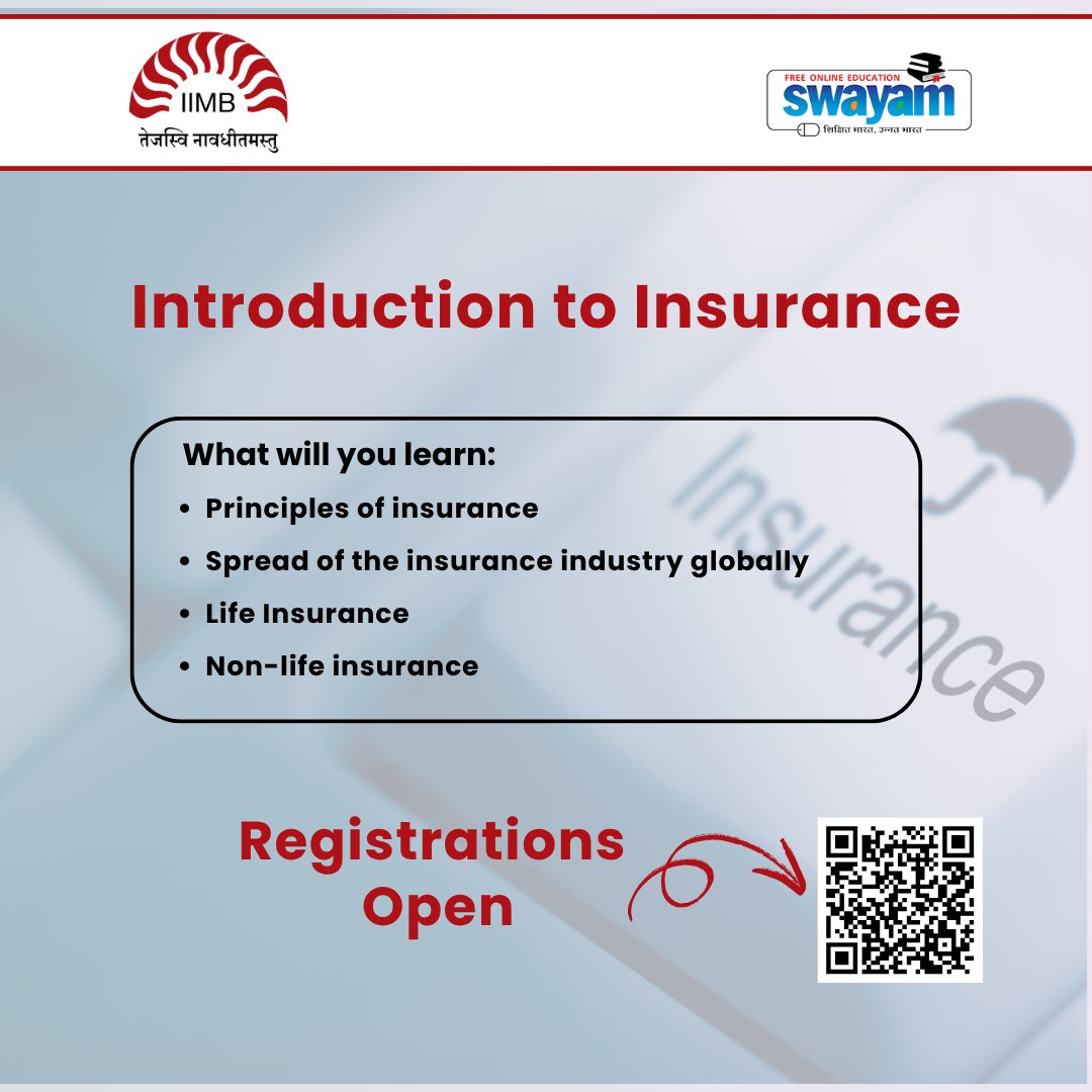 iimbxonline's tweet image. Unlock the world of insurance!

Join the course to understand the Insurance Business.

Enroll Now: onlinecourses.swayam2.ac.in/imb25_mg204/pr…

@IIM_Bangalore  @SWAYAMMHRD 

#IIMB #Swayam #InsuranceSimplified #RiskToRescue #IIMBLearning #FreeCourse #OnlineLearning