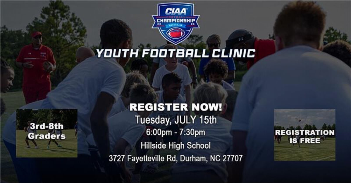 The CIAA is hosting a free youth clinic at Hillside High School on Tuesday, July 15 from 6-7:30. The clinic is for 3rd-8th graders and will be led by CIAA football student-athletes and coaches. Participants must register by Monday, July 7. Register here: theciaa.com/sb_output.aspx…