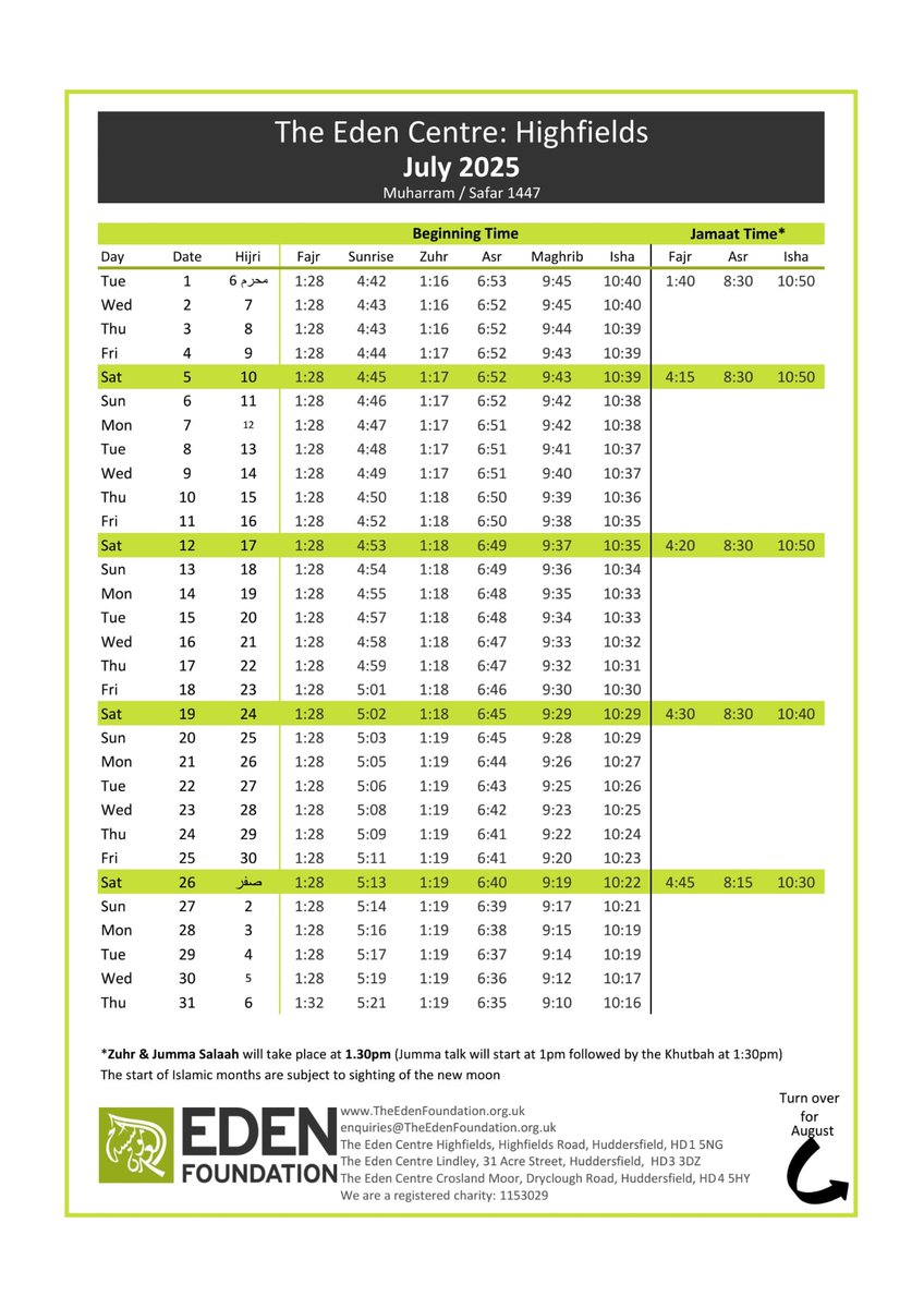TEFHudds's tweet image. July 2025 Timetable 
#edenfoundation #Highfields