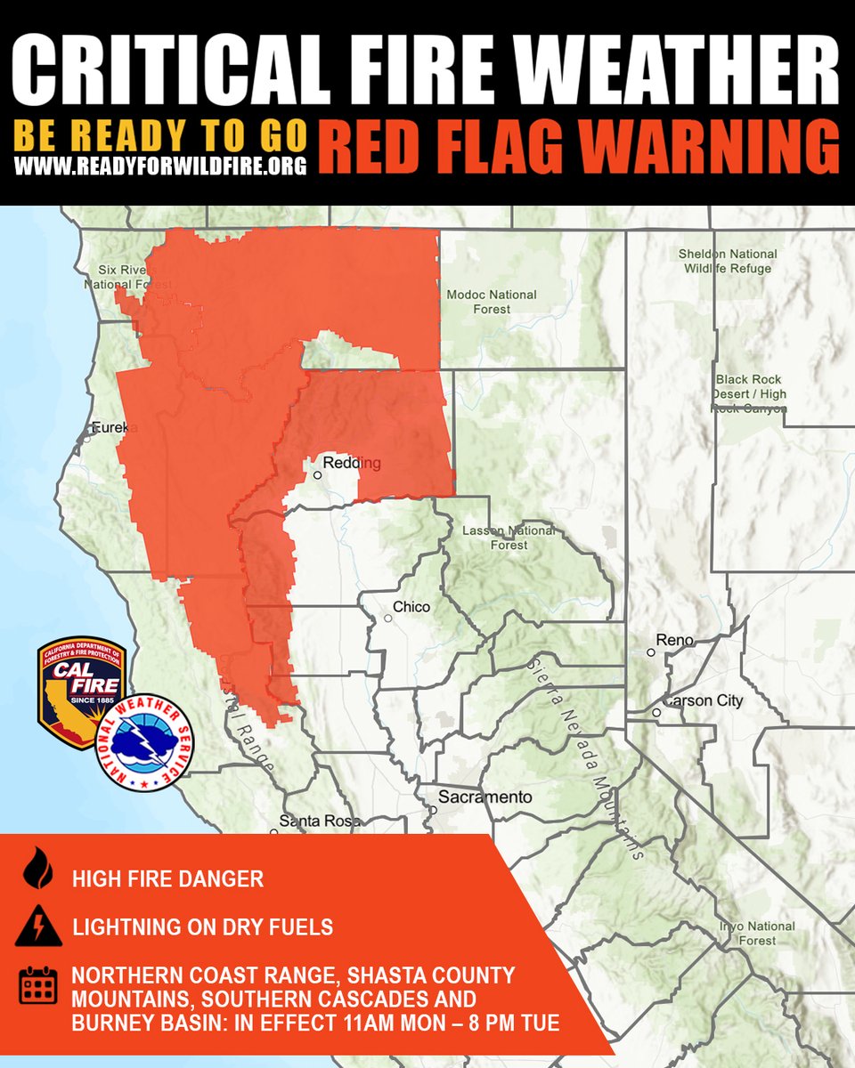 A Red Flag Warning is in effect for much of interior Northern California through Tuesday evening due to thunderstorm activity and gusty winds.

These conditions dramatically increase the risk of rapid wildfire spread within the Northern coastal range, Shasta County Mountains,