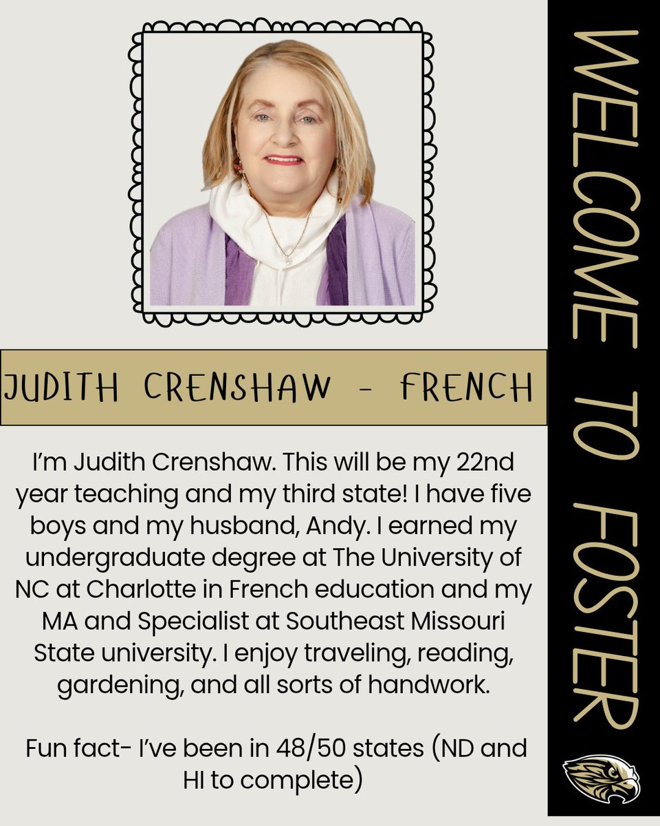 FosterHSNews's tweet image. Please help us welcome Mrs. Crenshaw to Foster! She will be teaching French!