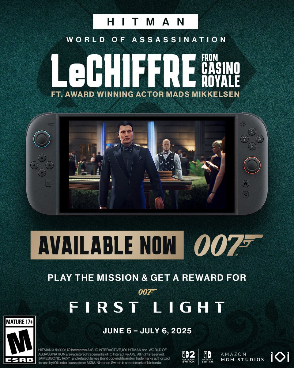 The legendary Le Chiffre has made his way to Switch 2. Do you have what it takes to take him down?

Suit up and earn a reward for 007 First Light.

Available now. hitman.com

#Agent47 #Hitman #NintendoSwitch2