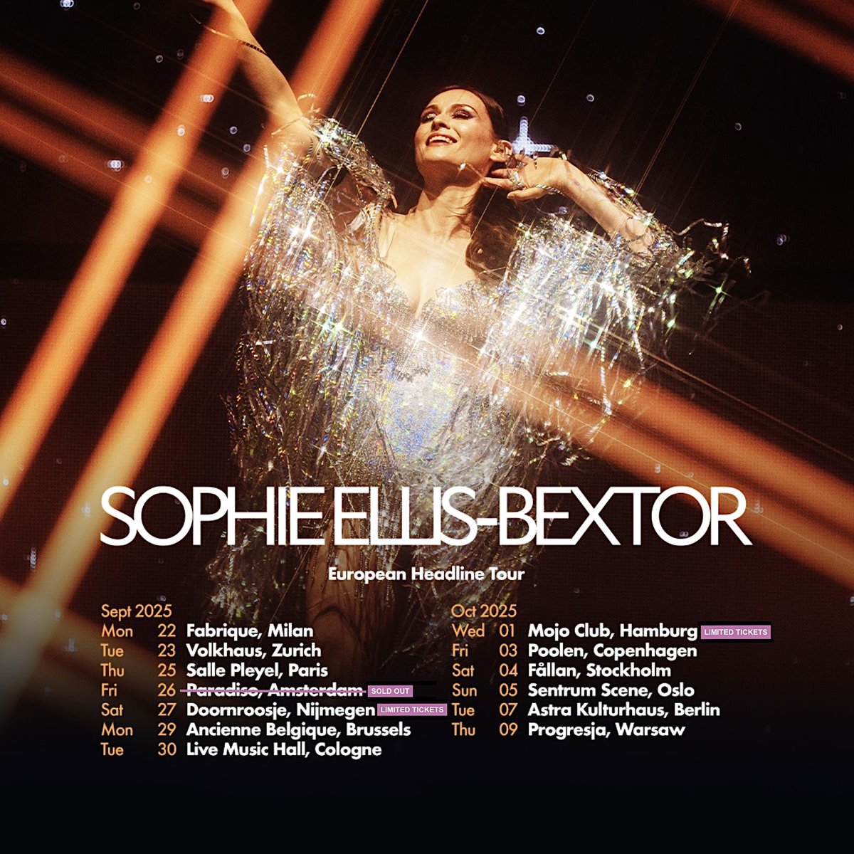 Can’t wait to bring all this lovely ‘Perimenopop’ energy to the shows on the European tour 💃 Comment below where I’m going to see you? 💕 You can get tickets here xx sophieellisbextor.komi.io