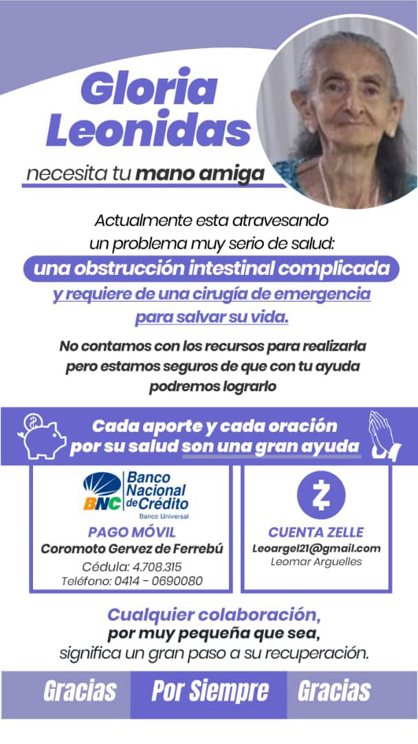 La abuela de nuestra <a href="/mariangel_ferre/">Mariangel Ferrebú Gervez</a> nos necesita urgentemente. Agradecido con todos los que puedan donar y difundir. Todo aporte es importante. 🙏🏽