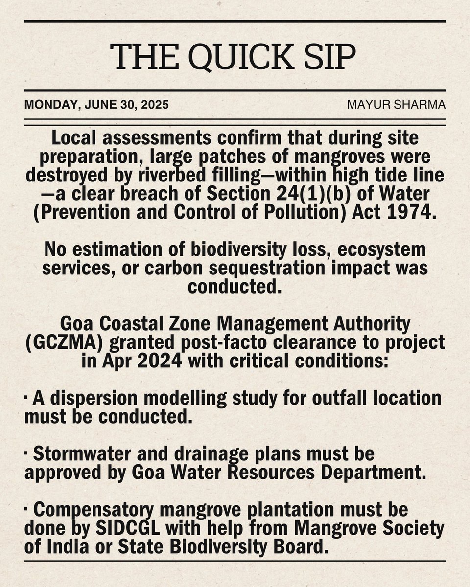 Mayur Sharma (@mayur259) on Twitter photo #WaterNews: Cacora STP in Goa Nears Launch Without EIA, Clears 5,725 m² Riverbank Zone, Destroys Mangroves, Faces Legal, Ecological as well as Regulatory Violations.
@crpaatil <a href="/DoWRRDGR_MoJS/">Ministry of Jal Shakti, DoWR, RD&GR, GoI</a> @drPramodPSawant <a href="/gwmcgoa/">gwmcgoa</a> <a href="/moefcc/">MoEF&CC</a> @cpcb_official <a href="/nileshcabral/">Nilesh Cabral</a> <a href="/dip_goa/">DIP Goa</a> #WaterNews: Cacora STP in Goa Nears Launch Without EIA, Clears 5,725 m² Riverbank Zone, Destroys Mangroves, Faces Legal, Ecological as well as Regulatory Violations.
@crpaatil <a href="/DoWRRDGR_MoJS/">Ministry of Jal Shakti, DoWR, RD&GR, GoI</a> @drPramodPSawant <a href="/gwmcgoa/">gwmcgoa</a> <a href="/moefcc/">MoEF&CC</a> @cpcb_official <a href="/nileshcabral/">Nilesh Cabral</a> <a href="/dip_goa/">DIP Goa</a>