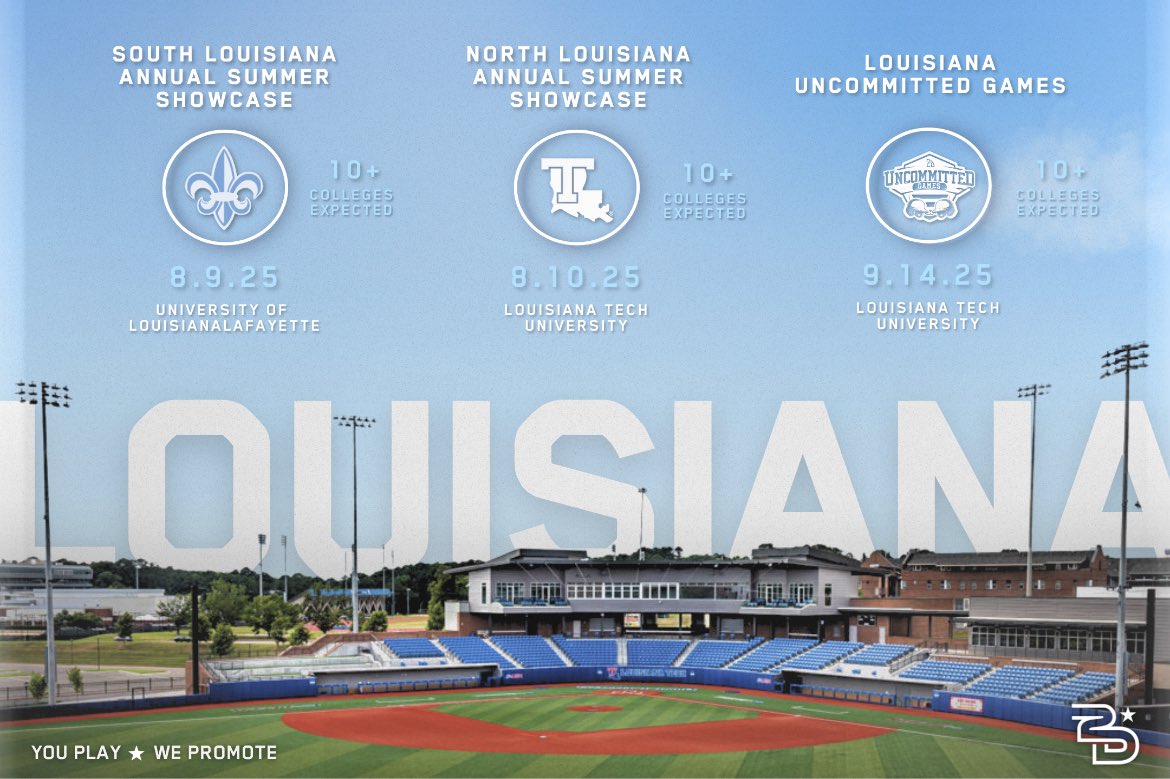 2DsportsLA's tweet image. ⭐️Annual Summer Showcases⭐️
Colleges Coaches in attendance
August 9 - Lafayette, LA
August 10 - Ruston, LA
Limited Spots available for both Showcases.
📈Rapsodo Data
🧢Pro Style Showcase
🔒Consideration for Uncommitted Games Sept 14th
Register: play.2dsports.org/?region=&month…