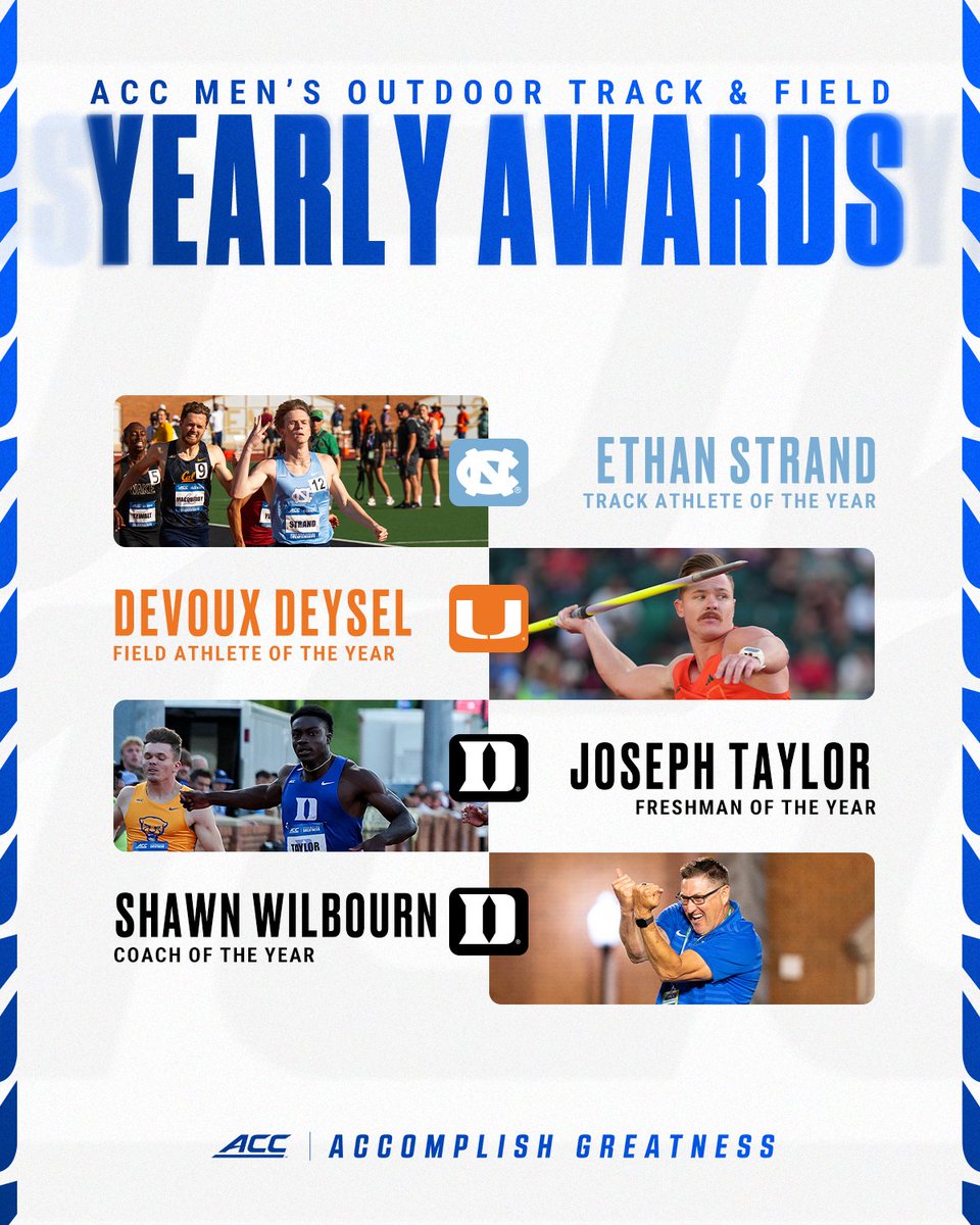 theACC's tweet image. Congratulations to the 2025 ACC Men's Outdoor Track and Field award winners!
🔗 theacc.co/25OTFawards