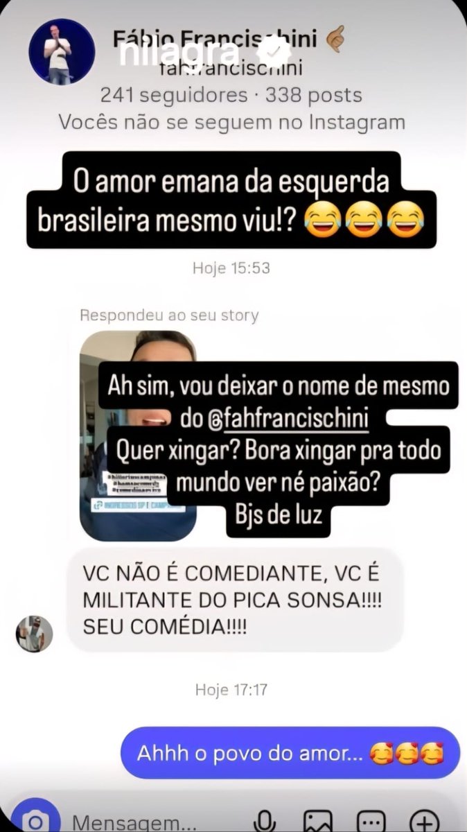 Fabio Francischini (@theoldfrancis) on Twitter photo A <a href="/soucaroldelgado/">carol delgado</a> AMASSANDO os "comediantes" e em especial o MILITANTE Nil Agra e eu abtendo palma!! Ainda mais por saber que o Nil Agra pega MUITO AR (e eu posso provar) HAHAHAHAHA
Print do stories do Nil Agra TENTANDO me expor hahahaha A <a href="/soucaroldelgado/">carol delgado</a> AMASSANDO os "comediantes" e em especial o MILITANTE Nil Agra e eu abtendo palma!! Ainda mais por saber que o Nil Agra pega MUITO AR (e eu posso provar) HAHAHAHAHA
Print do stories do Nil Agra TENTANDO me expor hahahaha