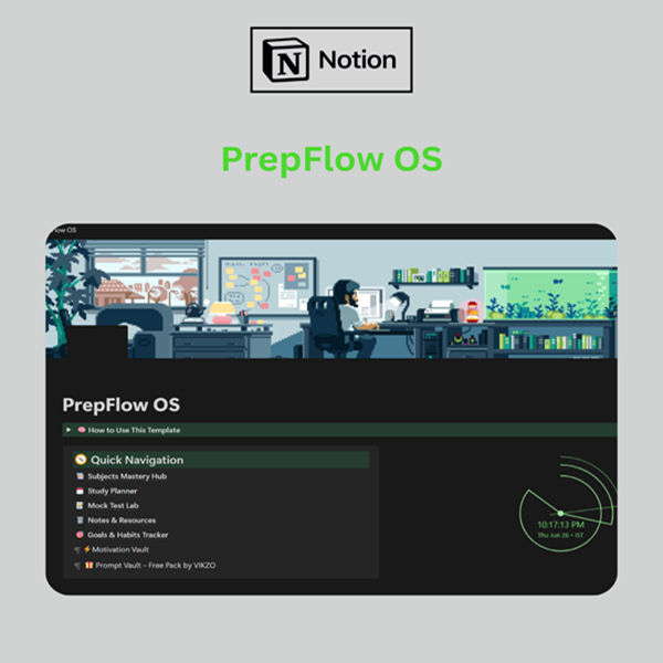 Buy PrepFlow OS on <a href="/Gumroad/">Gumroad</a> 
Your all-in-one Notion workspace to prepare smarter, track better, and stay ahead built for serious students and competitive exam warriors.
Now with a 💥 FREE Prompt Pack included.

Lightweight fast and distraction-free. $3
vikzo.gumroad.com/l/PrepFlowOS