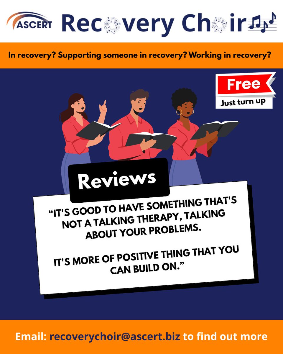 Thank you N for sharing your Recovery Choir feedback!

Join us Thursday at 6.45pm - 8.00pm at the Westcourt Centre, Barrack Street, Belfast BT12 4AH.

#ASCERT #ReducingHarm #SupportingPositiveChange #RecoveryChoir #Belfast #RecoveryChoir