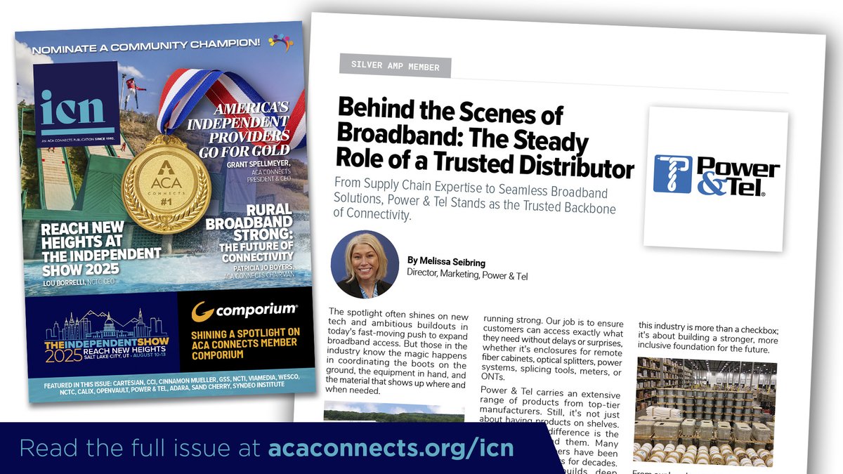 ACA Connects (@acaconnects) on Twitter photo .<a href="/ptsupply/">Power & Tel</a> recognizes the commitment it takes to expand broadband access—and plays a steady, behind-the-scenes role in making it happen. As a trusted connector, they help keep progress moving. Read more in ICN: flipsnack.com/8B8ECF5569B/ic… .<a href="/ptsupply/">Power & Tel</a> recognizes the commitment it takes to expand broadband access—and plays a steady, behind-the-scenes role in making it happen. As a trusted connector, they help keep progress moving. Read more in ICN: flipsnack.com/8B8ECF5569B/ic…