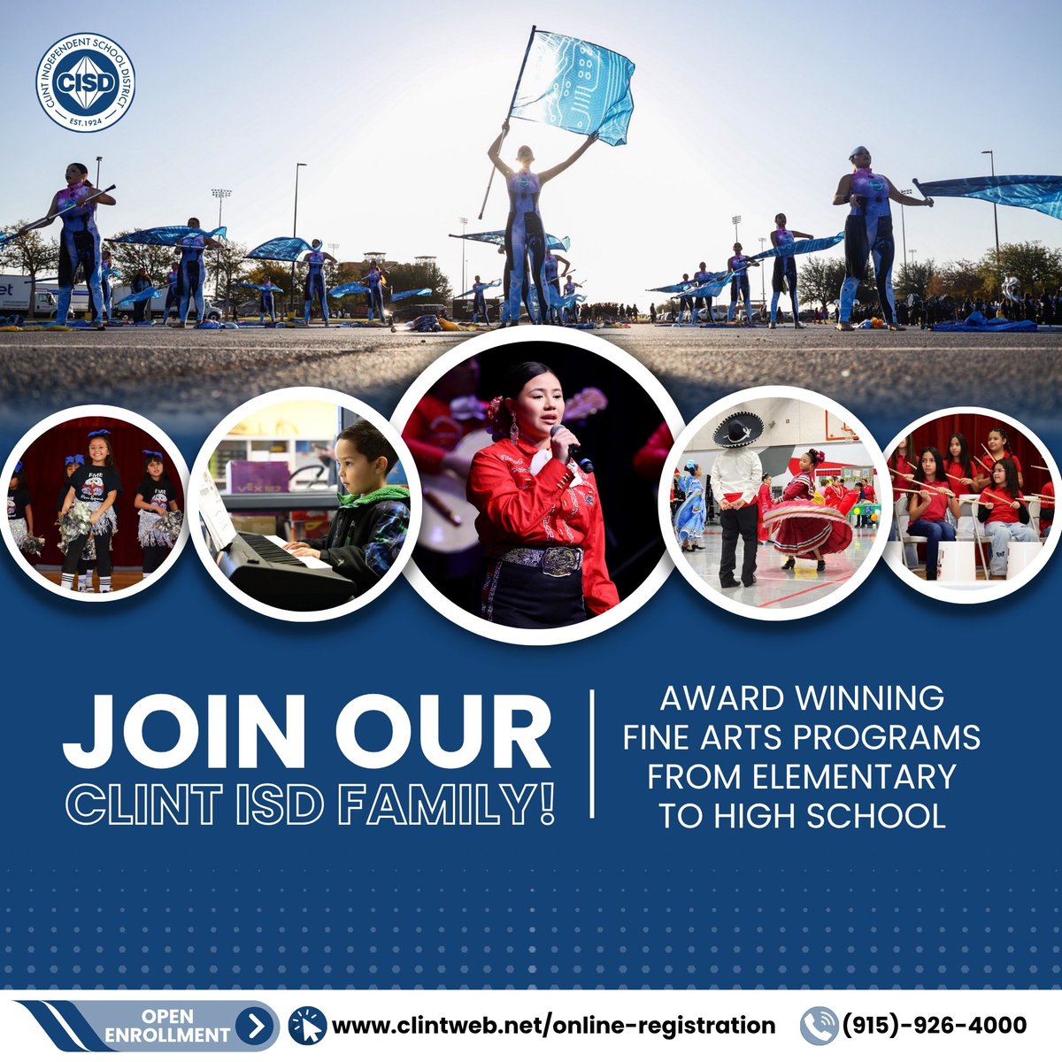 🎨🎭 Ready to unleash your child’s creativity? Clint ISD is now OPEN for enrollment!

From Elementary to High School, our award-winning Fine Arts programs let students go above and beyond. 🌟

Whether your future artist dreams of painting masterpieces, dancing, acting, or making