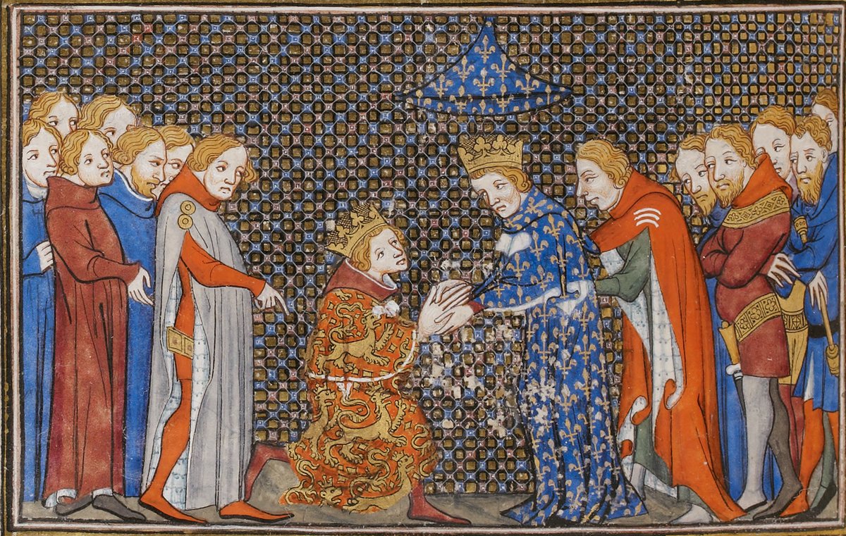 LapriseMaxime's tweet image. #vendrediéval en retard. Pour aucune raison particulière.
Le roi Édouard III d'Angleterre prêtant hommage au roi de France Philippe VI pour ses propriétés en Guyenne.
Grandes Chroniques de France, 14e siècle.
N'allez surtout pas y lire un sous-texte.