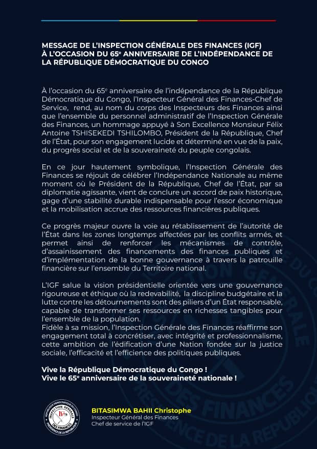 🚨Message de l'Inspection Générale des Finances à l'occasion de la 65ème anniversaire de l'indépendance de la RDC 👇👇👇