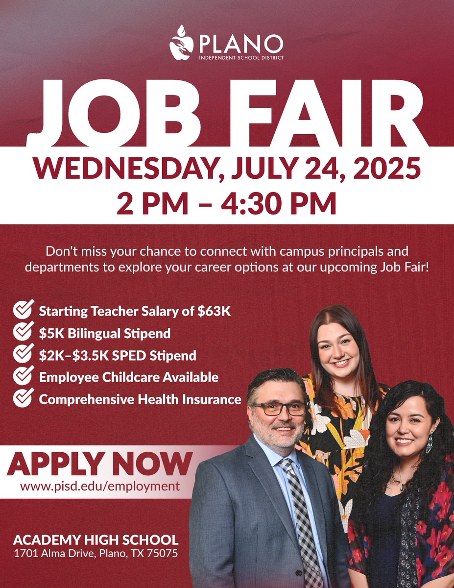 🚨Calling all educators and support staff! 
Attend our Job Fair Thursday, July 24, from 2 – 4:30 PM at Academy HS! Meet principals and department leaders, and explore your future with #TeamPlanoISD!

👉Register: pisd.edu/employment
