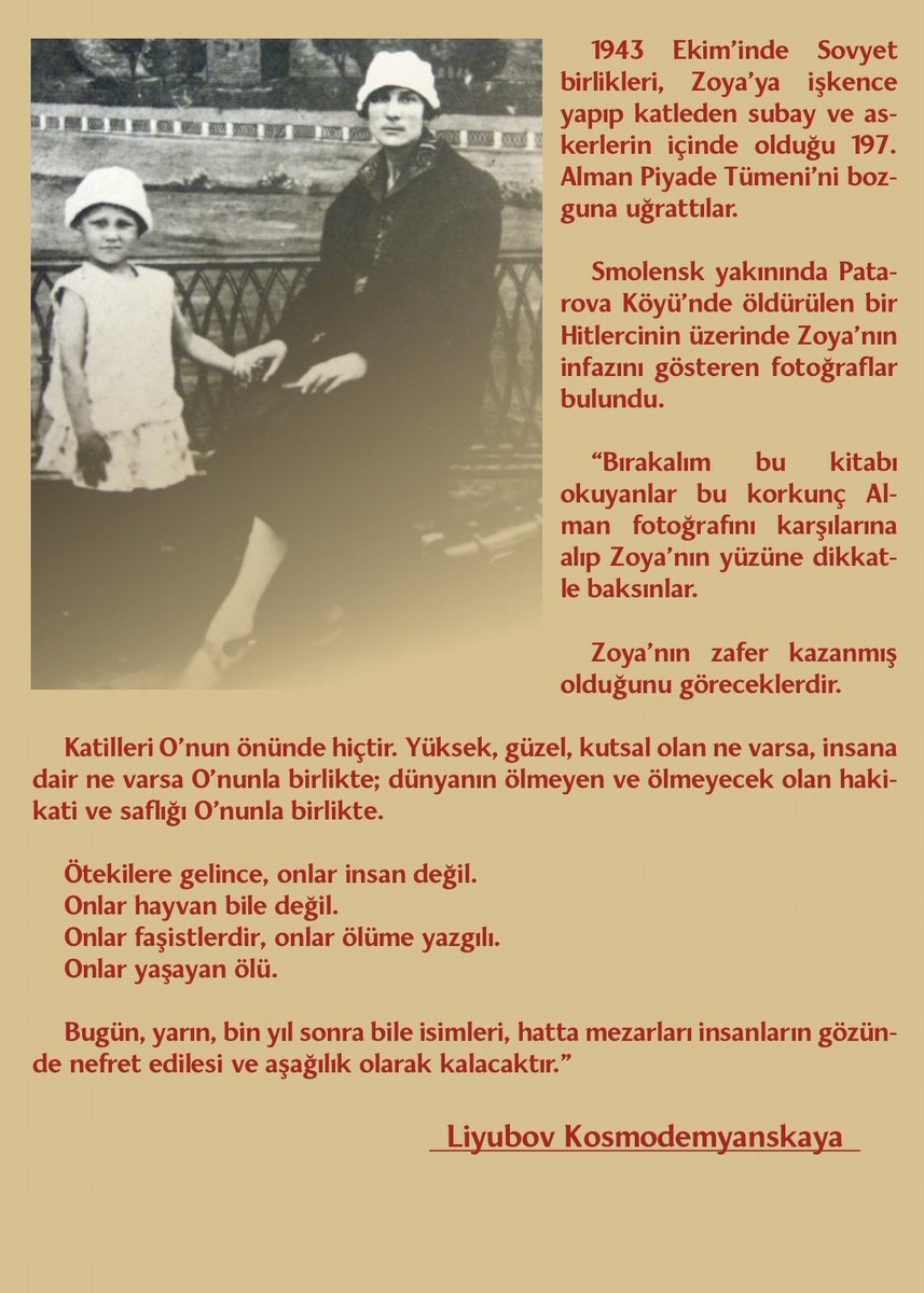 KİTAP ÖNERİSİ:
Sovyet kahramanı Zoya Kosmodemyanskaya'nın TANYA olma hikayesi... 
Kahraman savaşçılar Şura ve Zoya'nın annesi Liyubov, sosyalist toplumun kahraman yaratma pratiğini evlatlarının yaşam öyküsü üzerinden anlatıyor. 
"Zoe'nin TANYA olmaktan başka çaresi yoktu... "