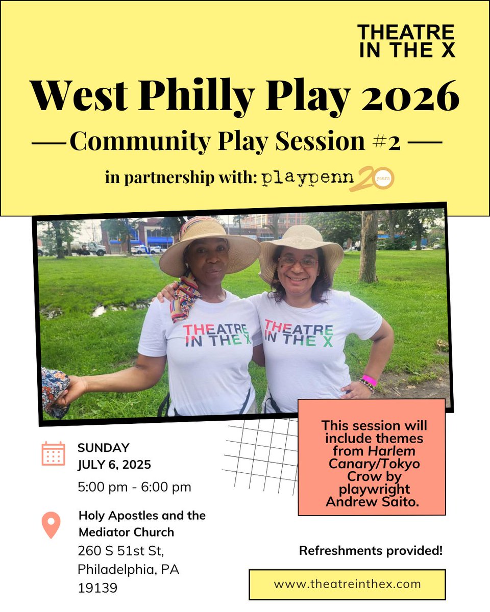 Join us THIS SUNDAY for our 2nd Community Play Session for West Philly Play 2026! 

We're embarking on our second community created play process and we can't create this piece without YOU! 

More info and register: theatreinthex.com/west-philly-20…