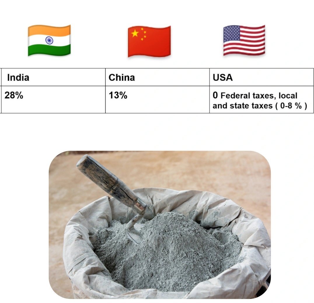 piyushbodaa's tweet photo. Taxes on Cement :

India : 28 % GST
China : 13 % VAT 
USA : 0% Federal taxes, State &amp; local taxes ( 0-8%) apply

Why are Indians paying 28% tax on Cement ? https://t.co/3VKqmDD2Pr