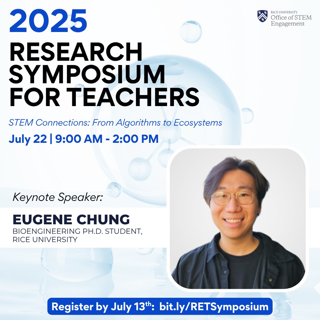R-STEM (@riceu_stem) on Twitter photo Join us for the 2025 Research Symposium for Teachers! Featuring keynote speaker Eugene Chung, Bioengineering Ph.D. student at <a href="/RiceUniversity/">Rice University</a>! Discover cutting-edge research, connect with fellow educators, and explore real-world STEM applications for your classroom.
🎟️$30 Join us for the 2025 Research Symposium for Teachers! Featuring keynote speaker Eugene Chung, Bioengineering Ph.D. student at <a href="/RiceUniversity/">Rice University</a>! Discover cutting-edge research, connect with fellow educators, and explore real-world STEM applications for your classroom.
🎟️$30